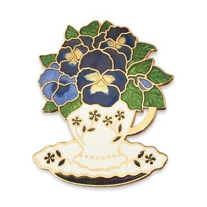 Vintage Pansy Bouquet Brooch Cloisonne Flowers Pitcher Vase by Fish Fine Enamel